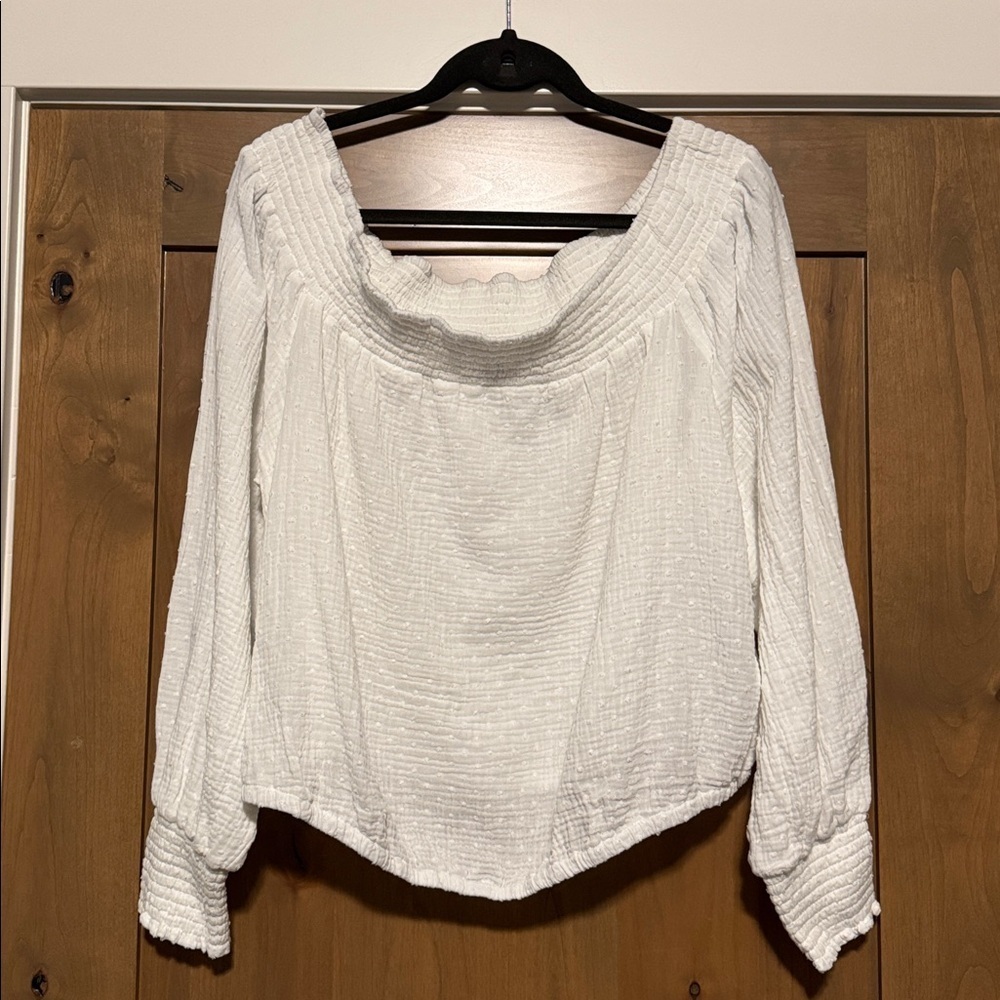 F21 off-the-shoulder Swiss dot blouse Womens 3X smocked crop Cotton Beach White